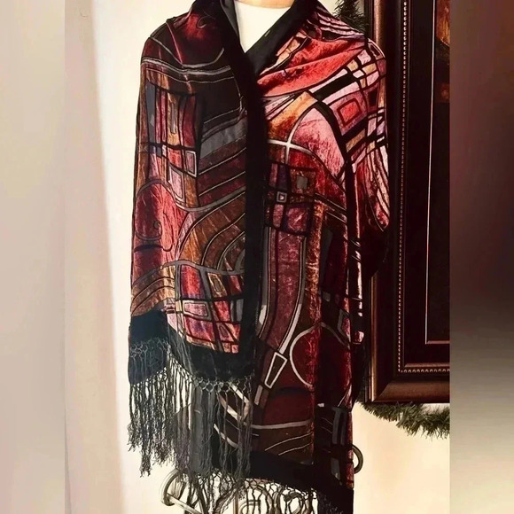 CCC Silk Bottom Rayon Top Fringed Scarf Abstract Geometrical Shimmer - Picture 2 of 7